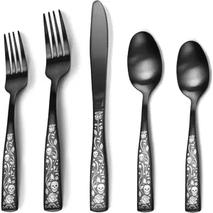 40- Matte Black Silverware Set for 8, Skull Rose Cultery Set 18/0 Stain Finish Stainless Steel, Gothic Skeleton Pattern Decorative Flatware Set, Daily Halloween Party Event Serving For 8