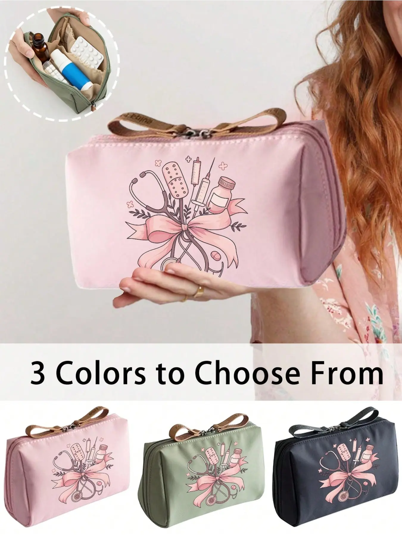 1 Portable Medicine Kit, a compact medicine box that doubles as a First-aid Kit, featuring prints of a stethoscope, heart pattern, syringe, thermometer, and pill patterns, can be used as a cosmetic bag or skincare bag, Travel Friendly Kit Medical Kits