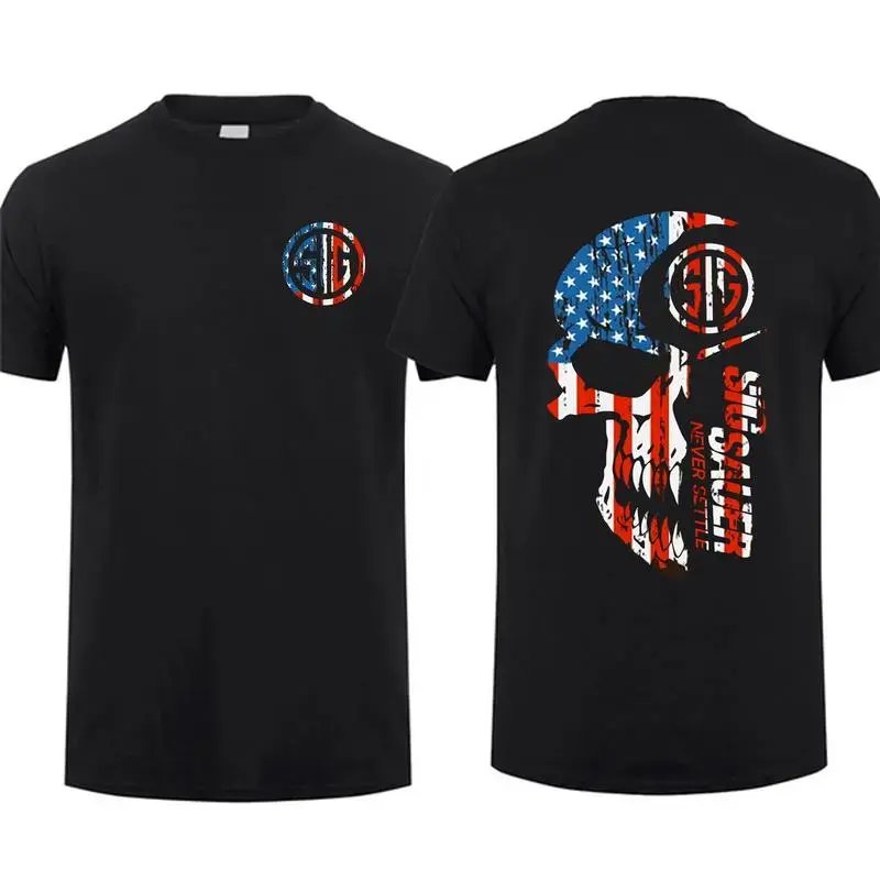 Sig Sauer American Flag Skull Graphic T-Shirt 2-Sided Patriotic Tactical Tee for Gun Lovers Unisex 100% Cotton Never Settle Casual Streetwear