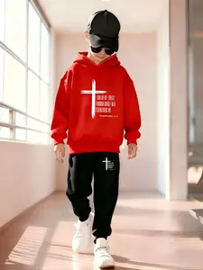 Teen Spring Fall Thin Set, Clothing Sets, 5-14 Years Boys Girls Fashion Cross Bible Verse 4:13 Print Hoodie Sweatshirt Pants, Hoodies Sweatpants, Casual Literary Clothing