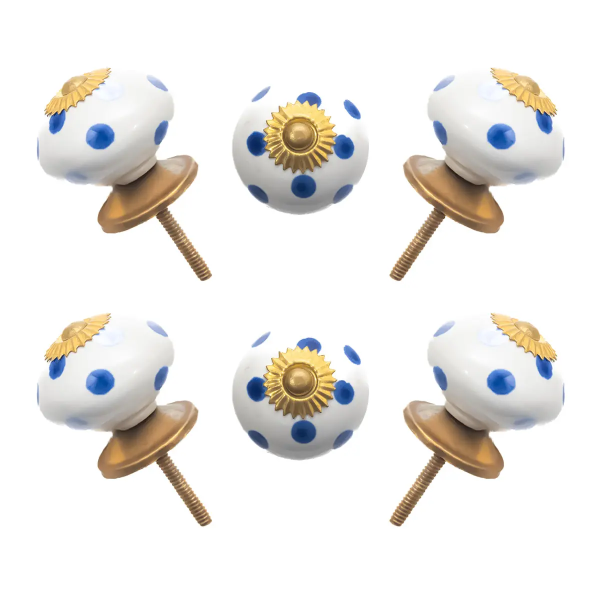 Playful Blue Polka Dot Ceramic Knobs with Gold Starburst (Set of 6) - 1.5 Inch - CDNY