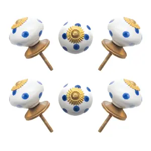 Playful Blue Polka Dot Ceramic Knobs with Gold Starburst (Set of 6) - 1.5 Inch - CDNY