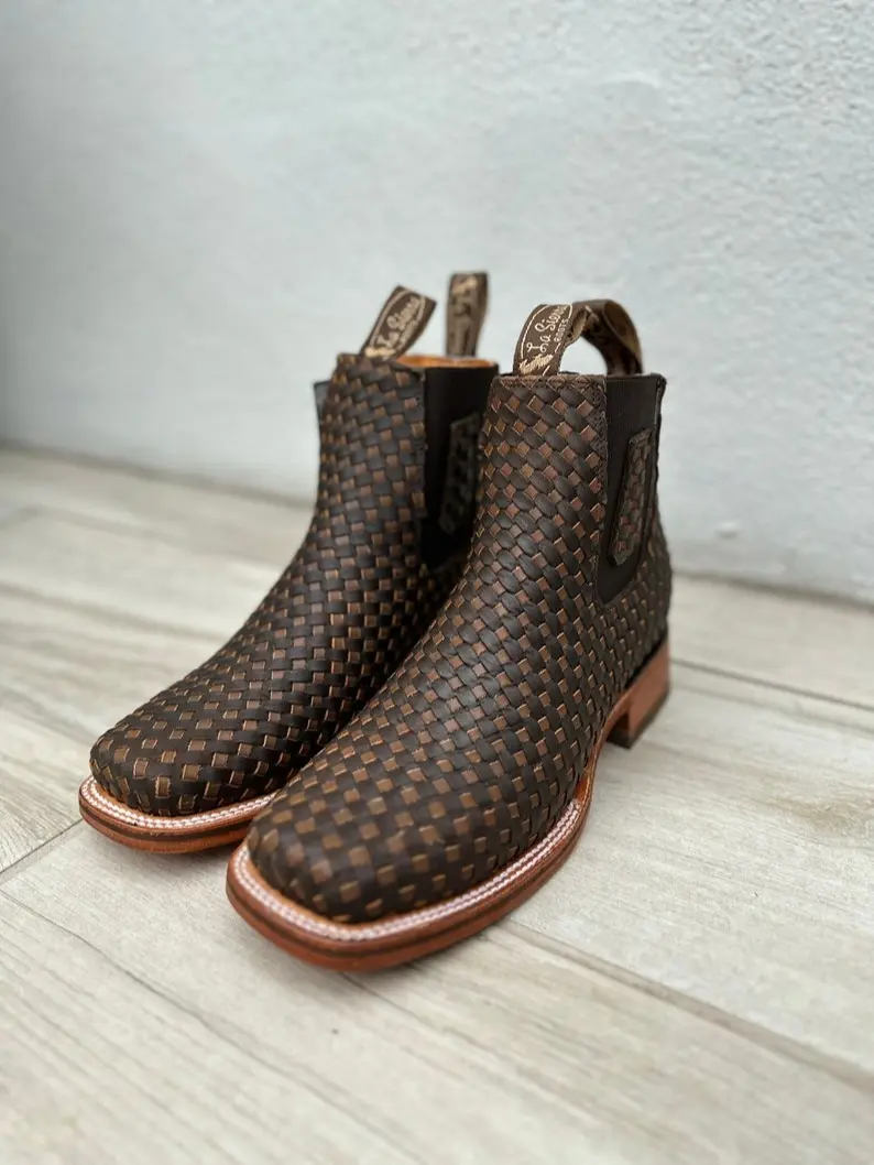 MENS COWBOY Boots Brown and Tan combined Petatillo Hand Woven genuine leather square toe half boots boutines café y tan combinado Chelsea