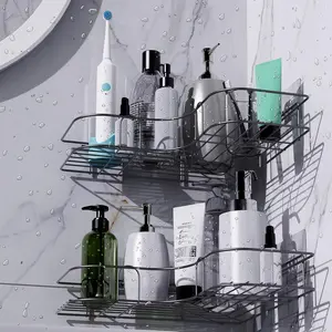 Bathroom Corner Shower Caddy 2 Pack Adhesive Stainless Steel Organizer Shelves No Drilling Storage Rack for Bathroom Dorm Kitchen Black