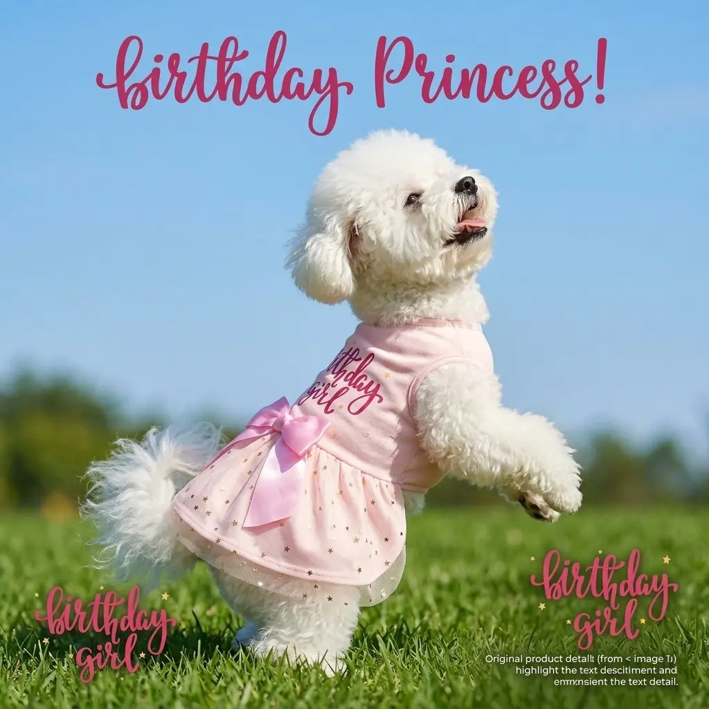 Pet Birthday Party Cute Vest Dress (Pink-Gold Star Style), "birthday girl" Slogan + Large Bow + Tulle Skirt, Sweet Outfit for Pet Birthday Banquets