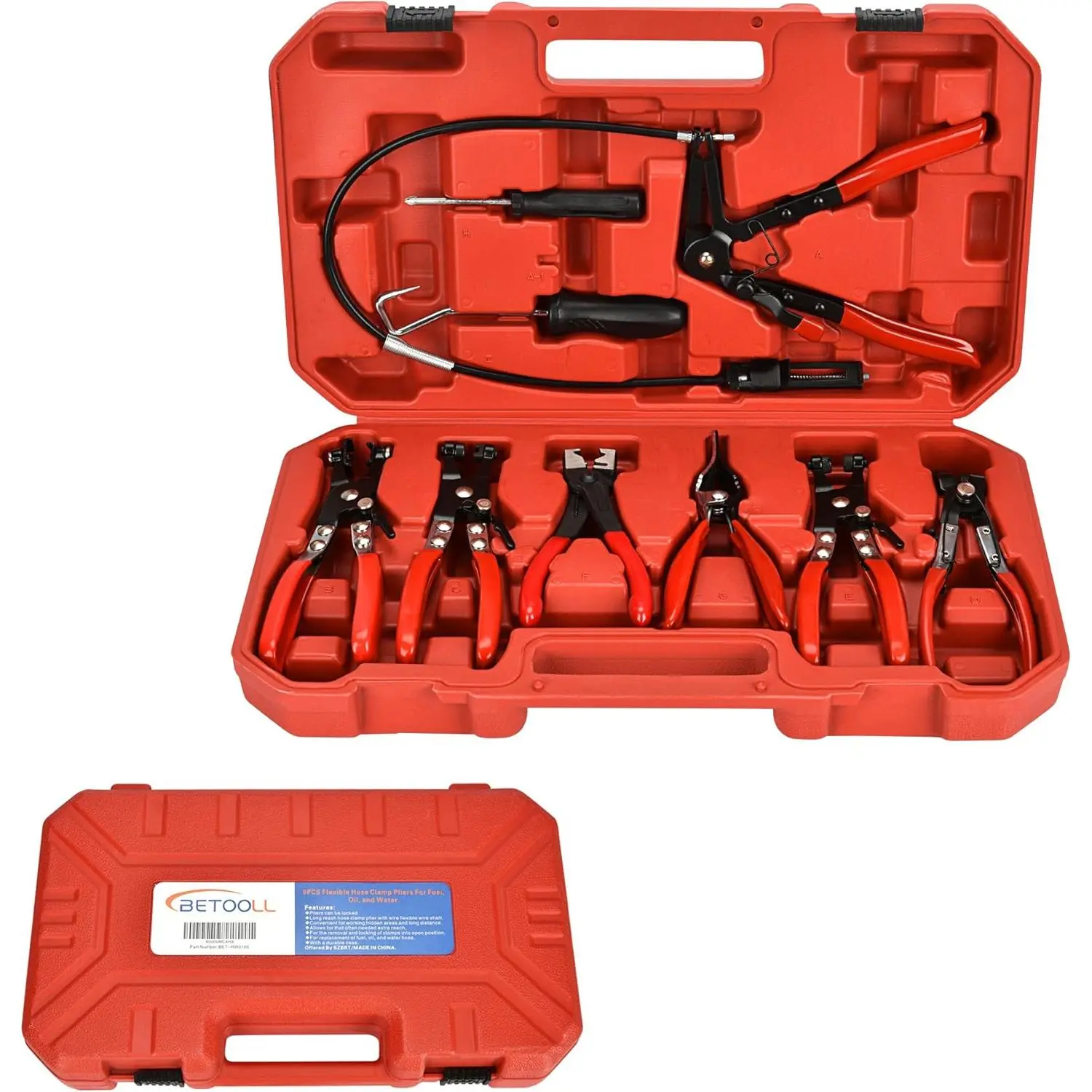 9pc Hose Clamp Pliers, Professional Automotive with Flexible Wire Long Reach, Clic R Type Swivel Jaw and Flat Band Pliers for Coolant Radiator Heater/Water Hose (Red)