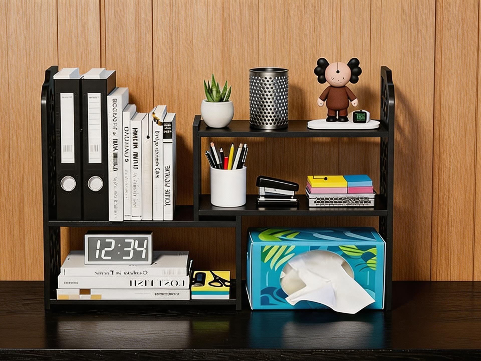 Adjustable black desktop organizer shelf, multi-use corner storage and small bookshelf for office tidying and decoration.