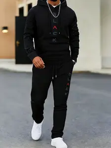 Men's Retro Letter Print 2-Piece Set: Casual Crew Neck Long Sleeve Hoodie & Sweatpants
