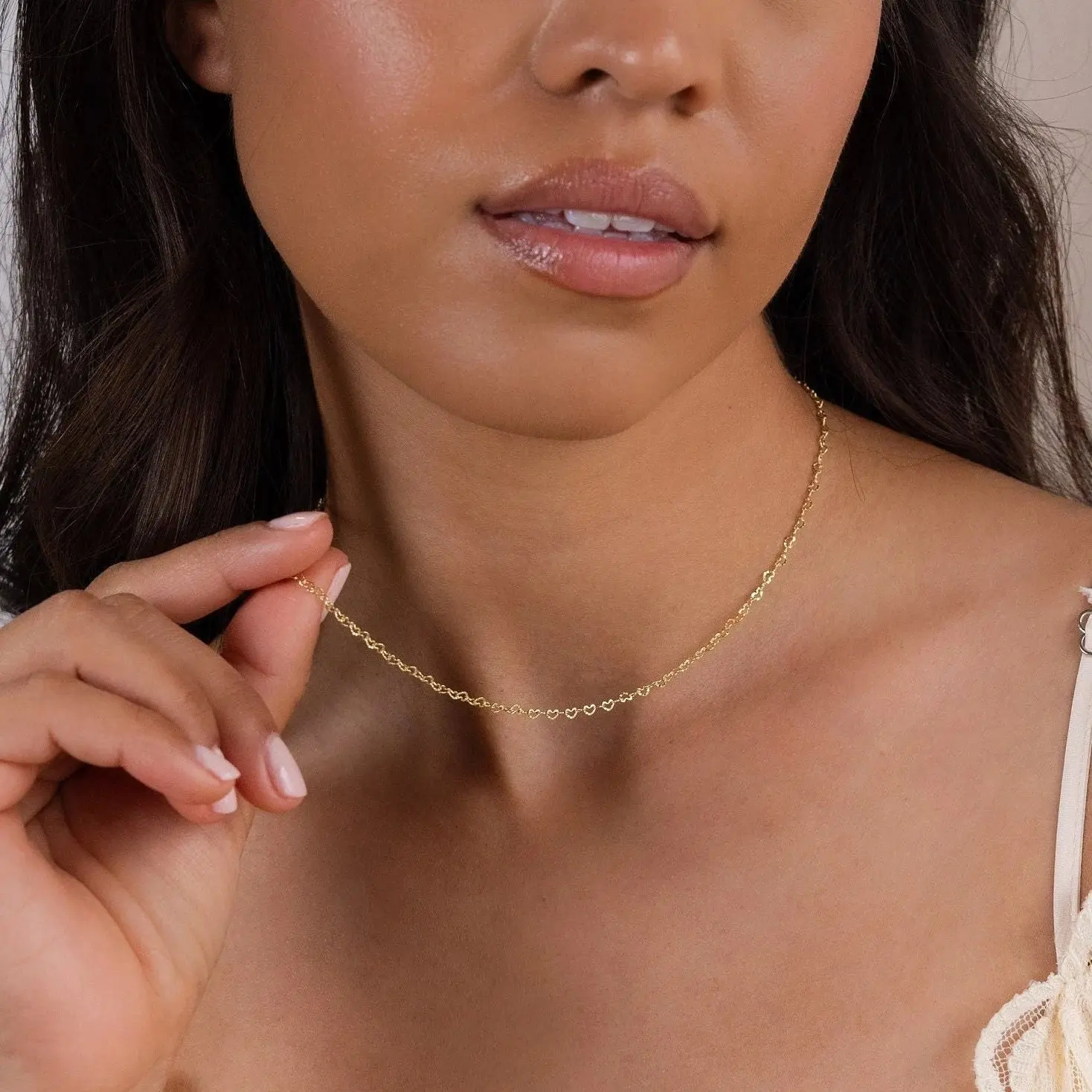 Heart Link Chain Necklace by Caitlyn Minimalist - Delicate Interlocking Heart Layering Necklace - Coquette Jewelry - Best Friend Gift