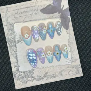 JudithArtNail HANDMADE ACRYLIC 3D  Flower  Blue Butterfly Fairy Nails