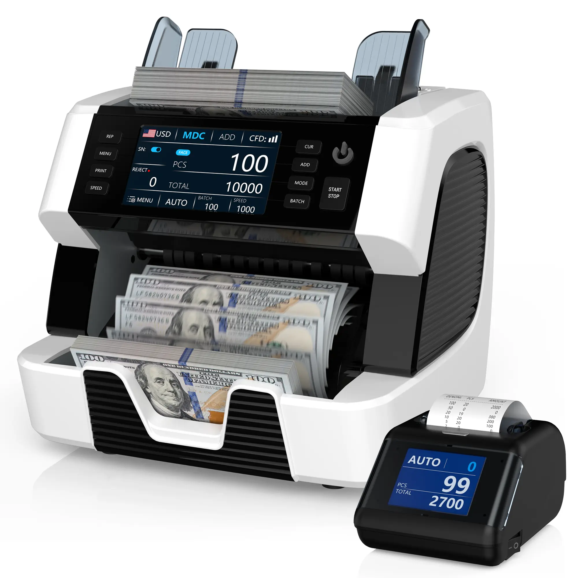 PONNOR AL-929 Money Counter Machine with Printer for Business - 2CIS/UV/IR/MG/MT Multi-Currency Counting with Touch Screen & Serial Number Reading Dollars Mechanical