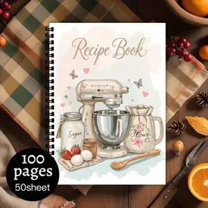 1 Vintage Spiral Binding Kitchen Cookbook - Spiral Notebook Journal, Elegant Recipe Organizer, Pastel Blender with Pot Design, Blank Page Cooking Plan, Blank Paper Notebook, Home Chef with Gifts for Baking Lovers, Charming Illustrations