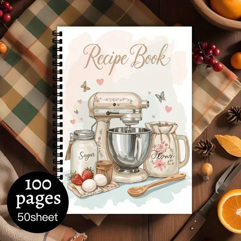 1 Vintage Spiral Binding Kitchen Cookbook - Elegant Recipe Organizer, Pastel Blender with Pot Design, Blank Page Cooking Plan, Home Chef with Gifts for Baking Lovers, Charming Illustrations, Spiral Coil Notebook, Aesthetic Notebook