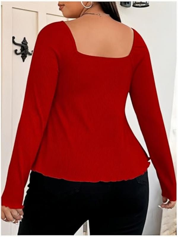 【Plus Size】 Solid Bow Decor Thumb Hole Curved Hem Tee, Plus Casual Long Sleeve T-shirt for Daily Wear, Women Plus Clothing for Fall & Winter, Top