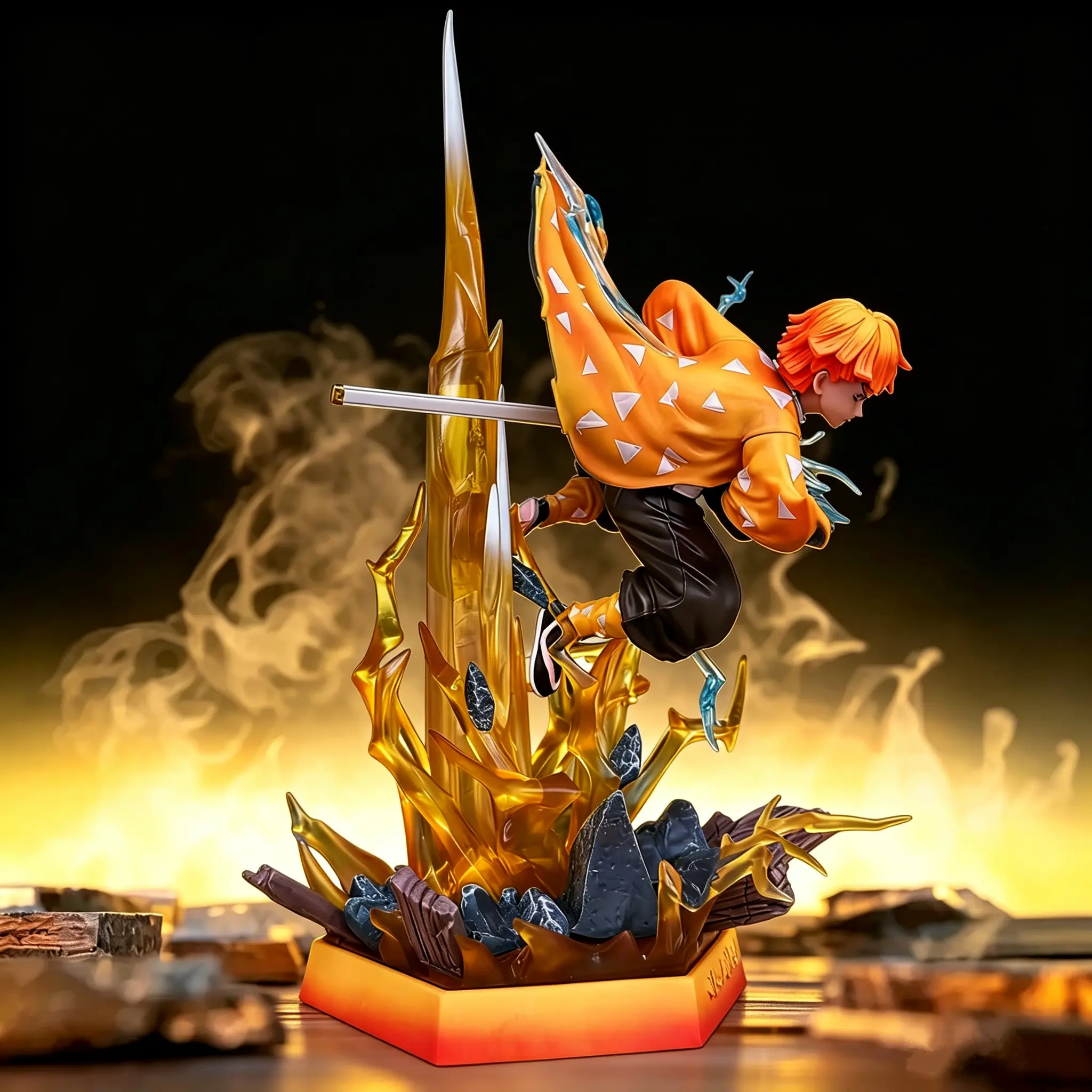 Zenitsu Agatsuma/Demon Slayer Anime figure-12.5 inches high, the golden base is decorated with cracked rocks and can emit light, making it suitable for personal collection, holiday gifts, furniture decoration,and desktop trinkets