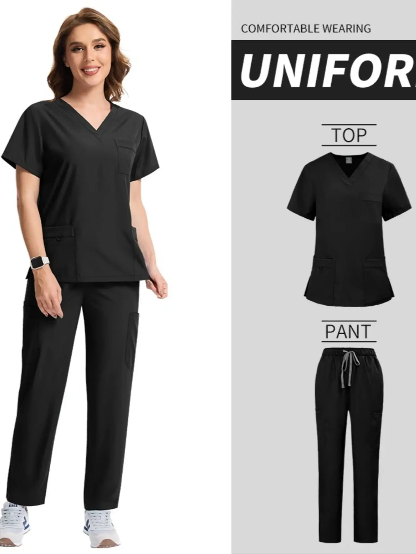 2-Pack Womens Vneck Solid Color Basic Clinical Scrub Sets Nurse Uniforms Workwear Clothes for Daily Healthcare Work in Hospitals & Clinics