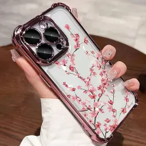 A pink cherry blossom electroplated transparent phone case, TPU anti-drop full protection case with electroplated frame, suitable for iPhone 17/16/15/14/13/12/11 PRO PROMAX PLUS AIR X XSMAX, is an ideal gift for friends and family, SJQNDD138