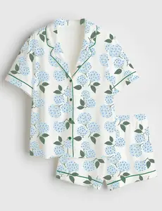 Women’s Blue Hydrangea Nantucket Cottage Short Sleeve Satin Pajama Set - Long Pajama set & Short Pajama Set Versions Available