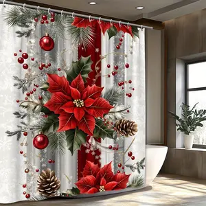 1pc Red Poinsettia Holiday Shower Curtain Vibrant Flowers with Holly Leaves Red Berries Pine Branches Golden Pinecones Red Ornaments Vertical Red White Silvery Striped Snowflake Background Polyester Fabric 12 Hooks 66x72 Inches