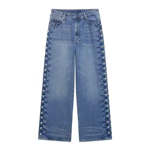 2026 new casual high-waisted straight metal rivet jeans