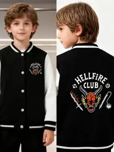 Stranger Things Hellfire Club Print Boys' And Girls' Unisex Spring/Autumn New Trendy Baseball Jacket Cardigan, Fashionable, Casual, Comfortable, Suitable For Daily Outdoor Use, Versatile For All Occasions, Ideal Gift Choice