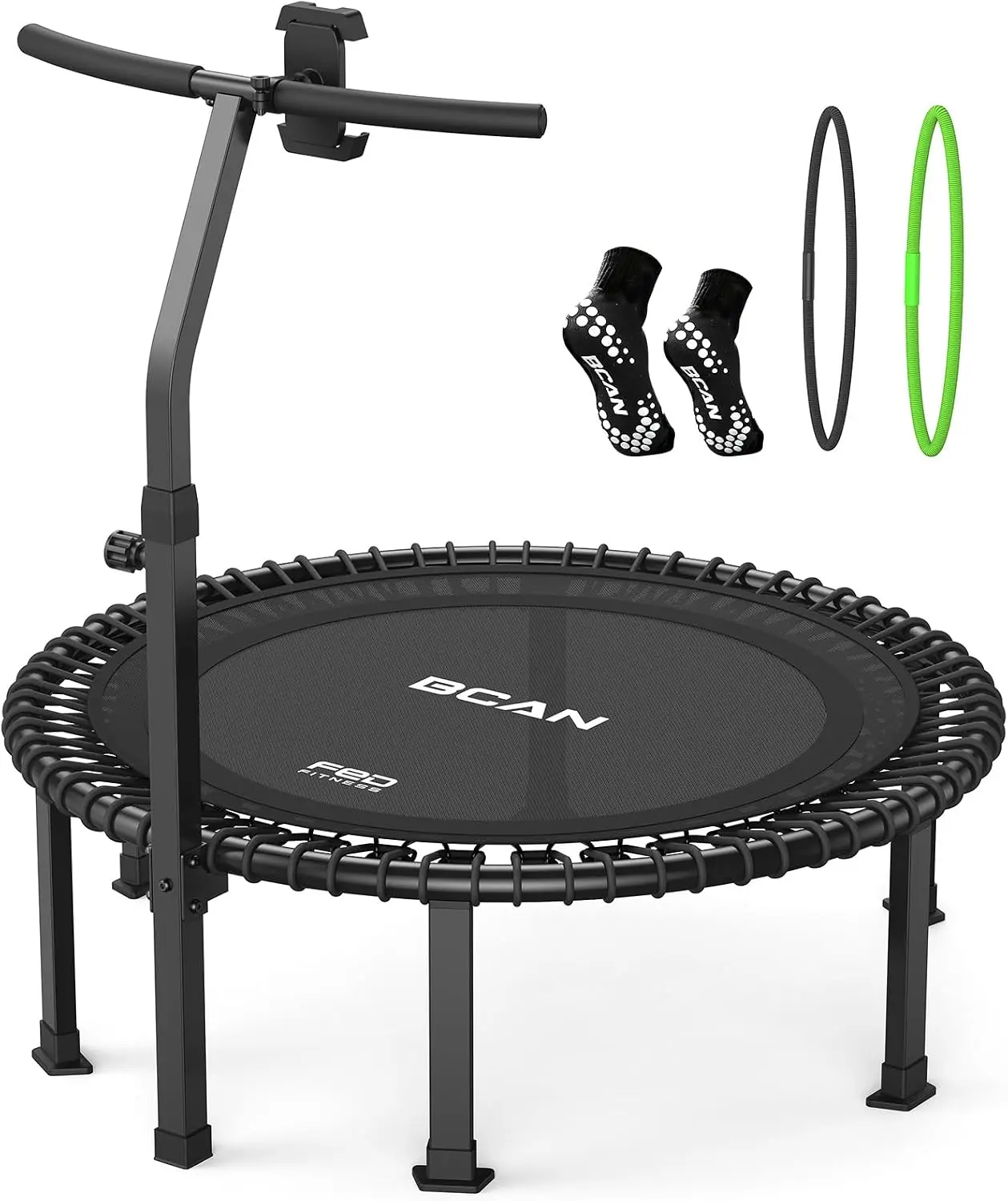 BCAN BT4 Soft Land Pro Adult Bungee Rebounder Trampoline Handle|FED Fitness| 38/40/48 in, 500 lb Capacity, Adjustable Tension Bungees, One-Piece Frame, Quiet Low-Impact Workout, Phone Holder & 2 Socks