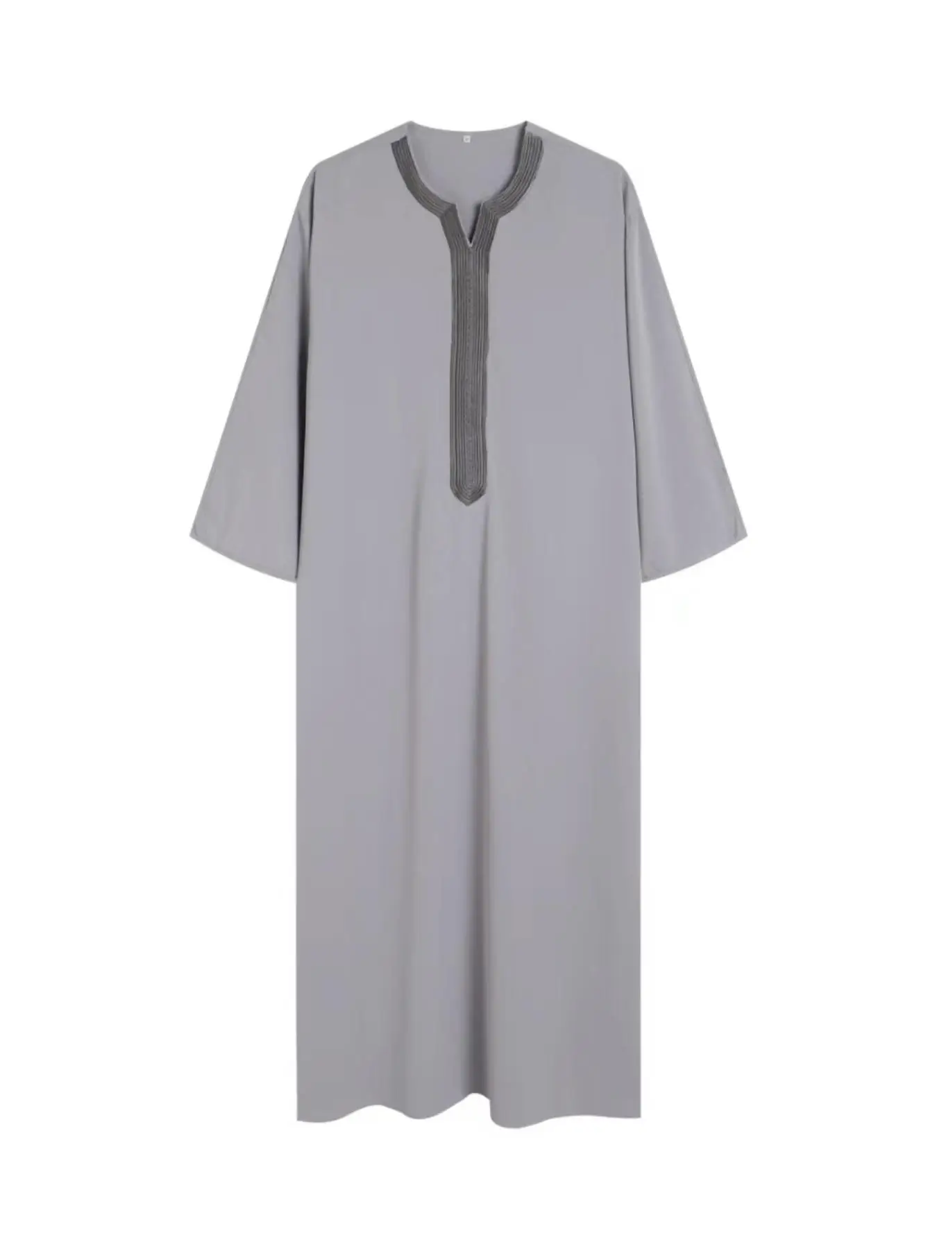 Men's Regular Fit Contrast Embroidering Notched Neck Kaftan, Chic Long Sleeve Arabic Thobe Long Robe for Daily Wear, Mens Muslim Islamic Clothes