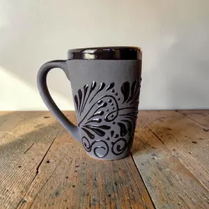Handmade Traditional Black Talavera Large Ceramic Coffee Mug - Mexican Pottery Cup, Ideal for Drink Use, Perfect Birthday Gift