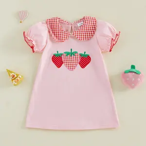 Toddler Girl Strawberry Applique Dress - Gingham Peter Pan Collar Puff Sleeve Sundress summervibes