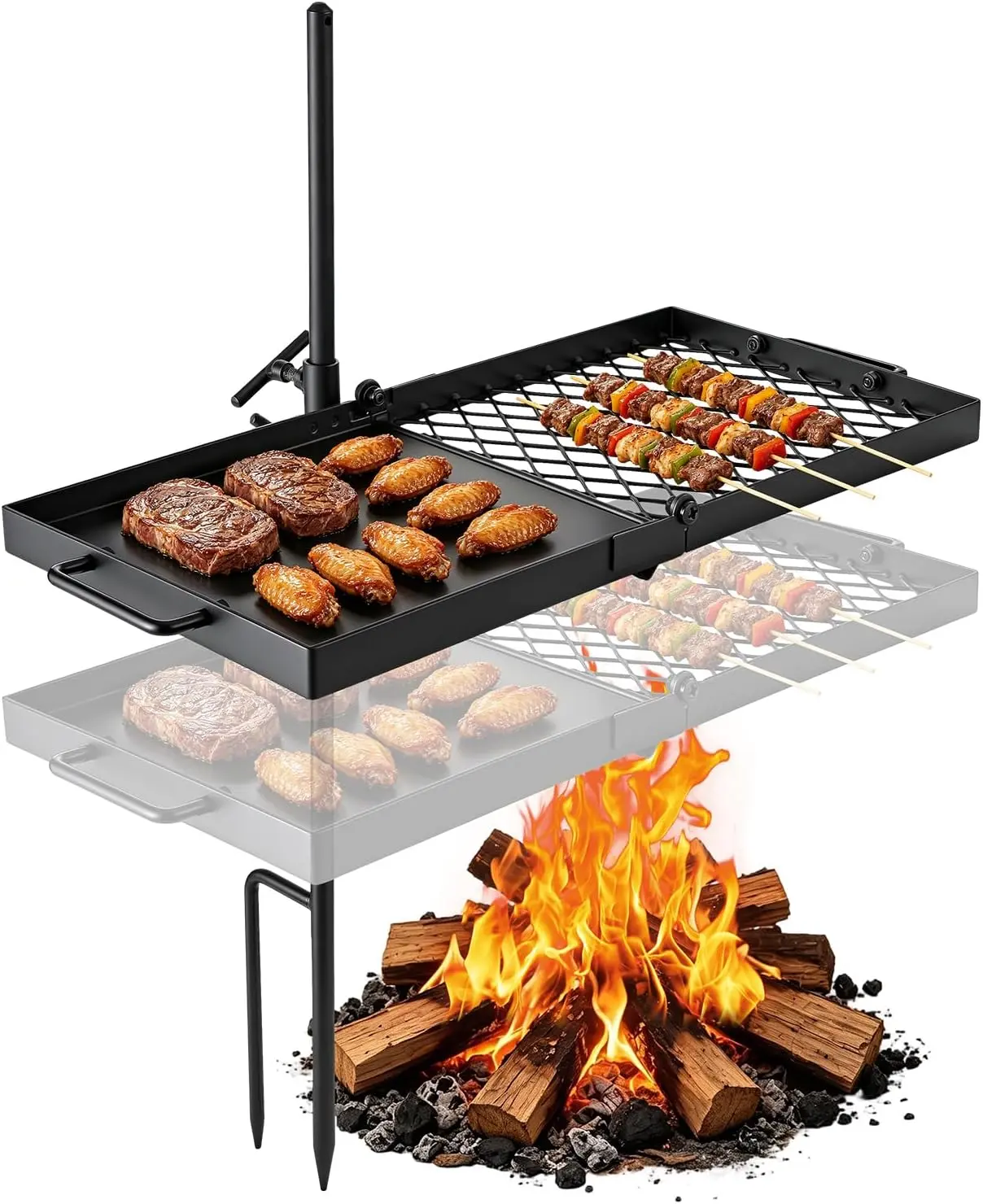 VEVOR Heavy Duty Swivel Campfire Grill, 24" Portable Camping Grill Grate & Griddle, Sturdy Steel BBQ Mesh, 360° Height Adjustable Over Fire Pit Equipment, for Outdoor Open Flame Cooking, Black