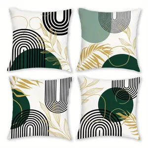 4pcs, Bohemian-Style Pillow Covers, Abstract Geometric Design with Green Plants Design, Home Spring Décor Products, Suitable Living Room, Bedroom, Sofa and Bed Decoration, 2D Flat, Single Sided Printing, No Pillow Core