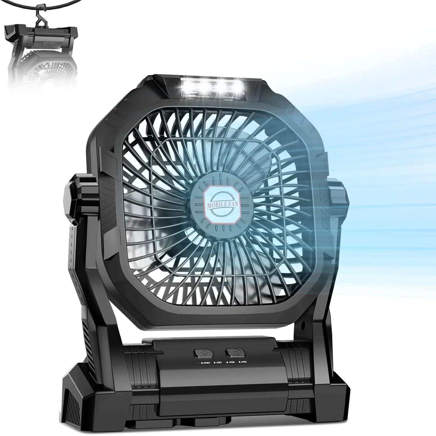 Camping Fan Rechargeable, 20000mAh Battery Powered Portable Fan with LED Light & Hook, 4-Speed 270° Adjustable, Camping Essentials for Tent, Outdoor