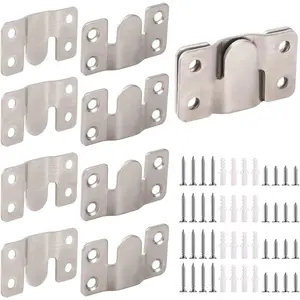 4 Pairs Interlocking Flush Mount Bracket Picture Hanging Hooks Stainless Steel Heavy Duty Photo Frame Hook Large Picture Hanger Hanging Buckle Furniture Connector Headboard Wall Mounting Hardware Screw Parts