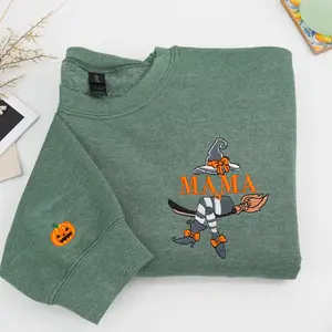Mama Witch Embroidered Halloween Sweatshirt – Halloween Fall Shirt for Moms with Witch & Broom Design, Fall Outfit for October, Spooky Ghost Fall