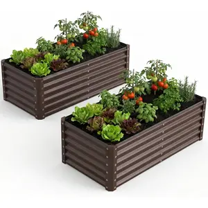 2 Pack 4 x 2 Ft Brown Tall Galvanized Steel Raised Garden Bed 17 Inch Deep Open Bottom Metal Planter Box with Inner Supports Weather Resistant Above Ground Bed for Outdoor Vegetables Flowers Gardening