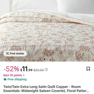 Twin/Twin Extra Long Satin Quilt Copper - Room Essentials: Midweight Sateen Coverlet, Floral Pattern, OEKO-TEX Certified