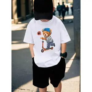 Boys' "Little Bear Skateboard" Printed 100% Cotton Summer T-shirt - Breathable And Elastic Round Neck Top With Geometric Pattern Design For Youth, Suitable For All Seasons