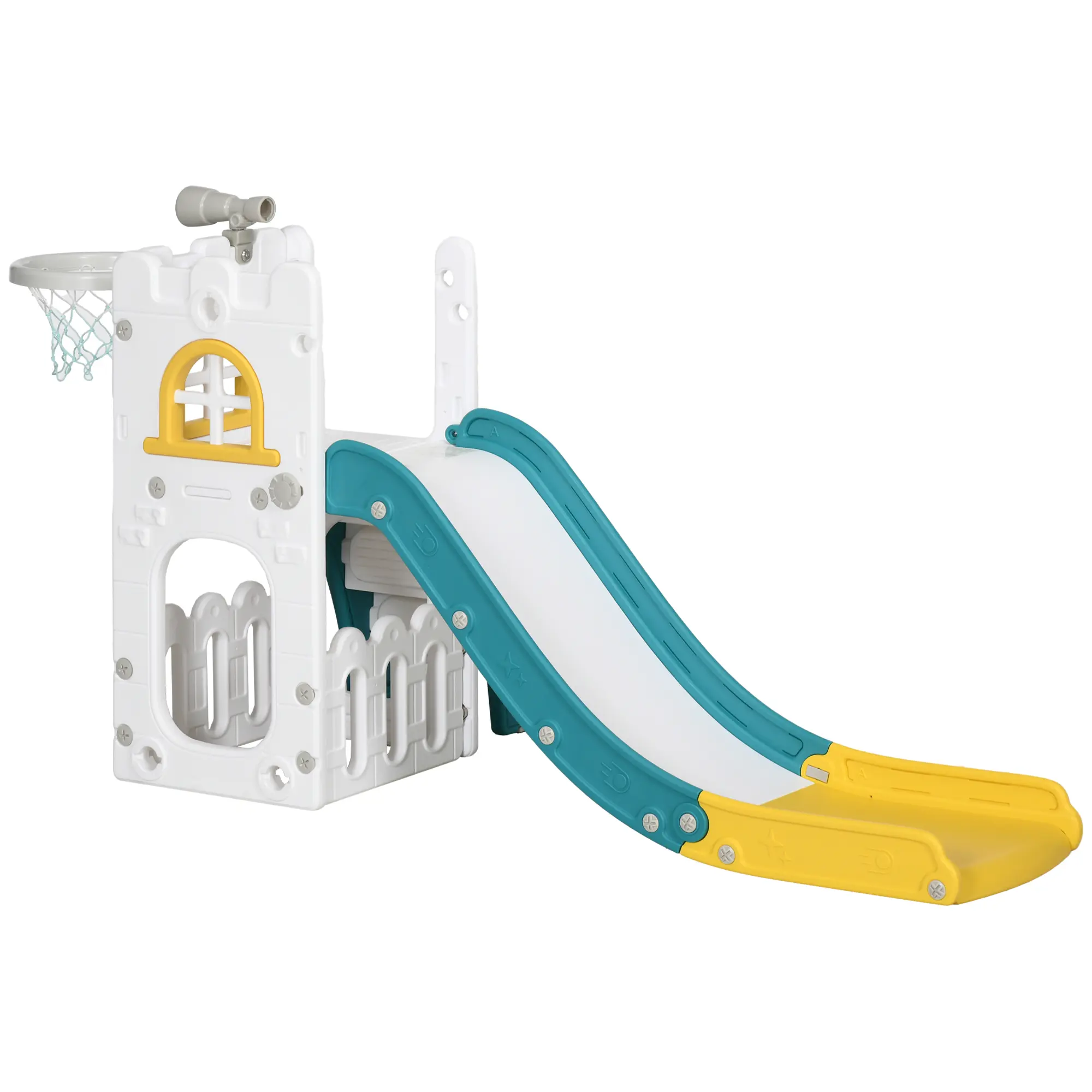 5-in-1 Toddler Pool Slide with Basketball Hoop, Climber, Telescope & Storage Baskets, Home & Garden Pool Accessory for 1-3-Year-Olds, Yellow