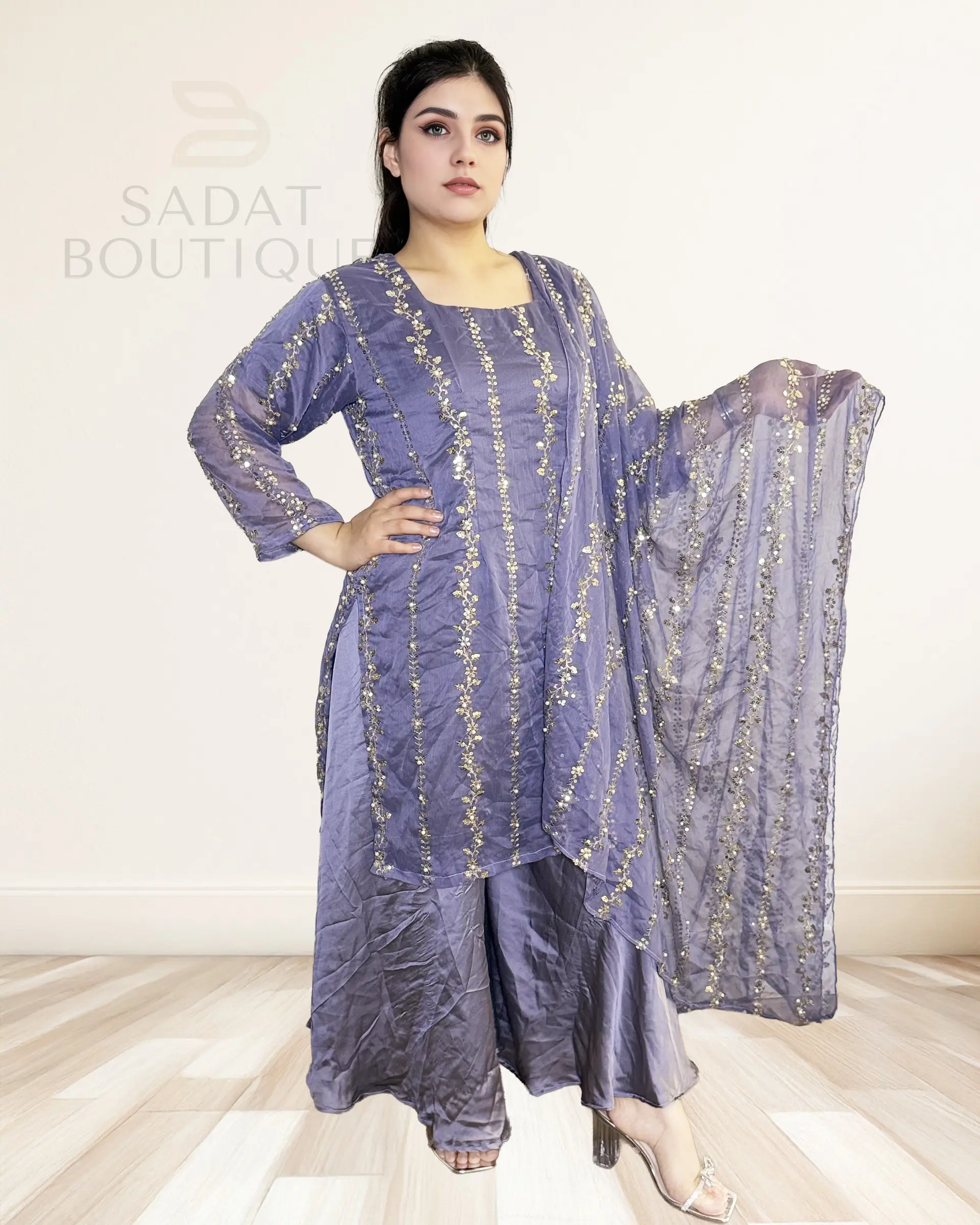 Sadat Boutique Women's Lady Clothes Smoky Lavender Embellished Casual Dress Set - Modest Cut, Casual Elegance, Breezy Silhouette, Graceful Shine