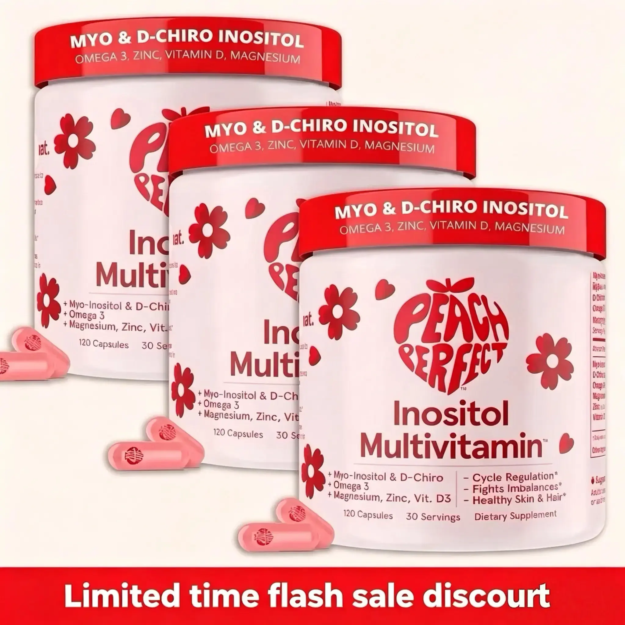 (Flash Sale 3-bottles) Peach Perfect Inositol Multivitamin - Peach Perfect Myo-Inositol, D-Chiro Inositol, Omega 3 Fitness Healthcare