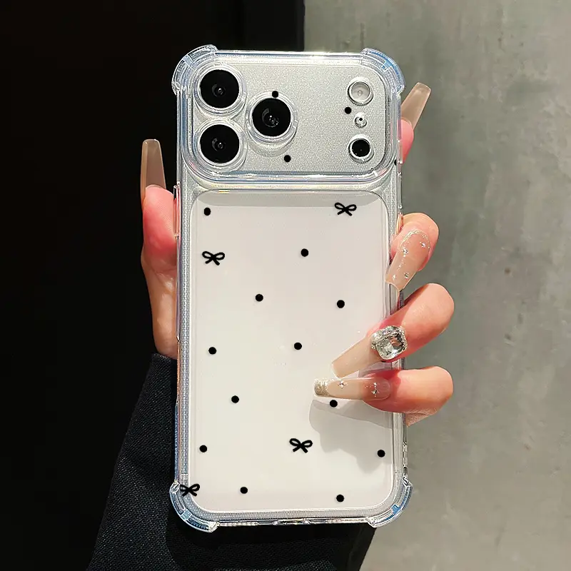 Phone Case for IPhone 17 Air 16 E 15 14 13 12 Pro Max Plus 11 Black Polka Dot & Bow Pattern Protective Transparent Four Corners Anti-Yellowing Shockproof Soft Silicone Cover