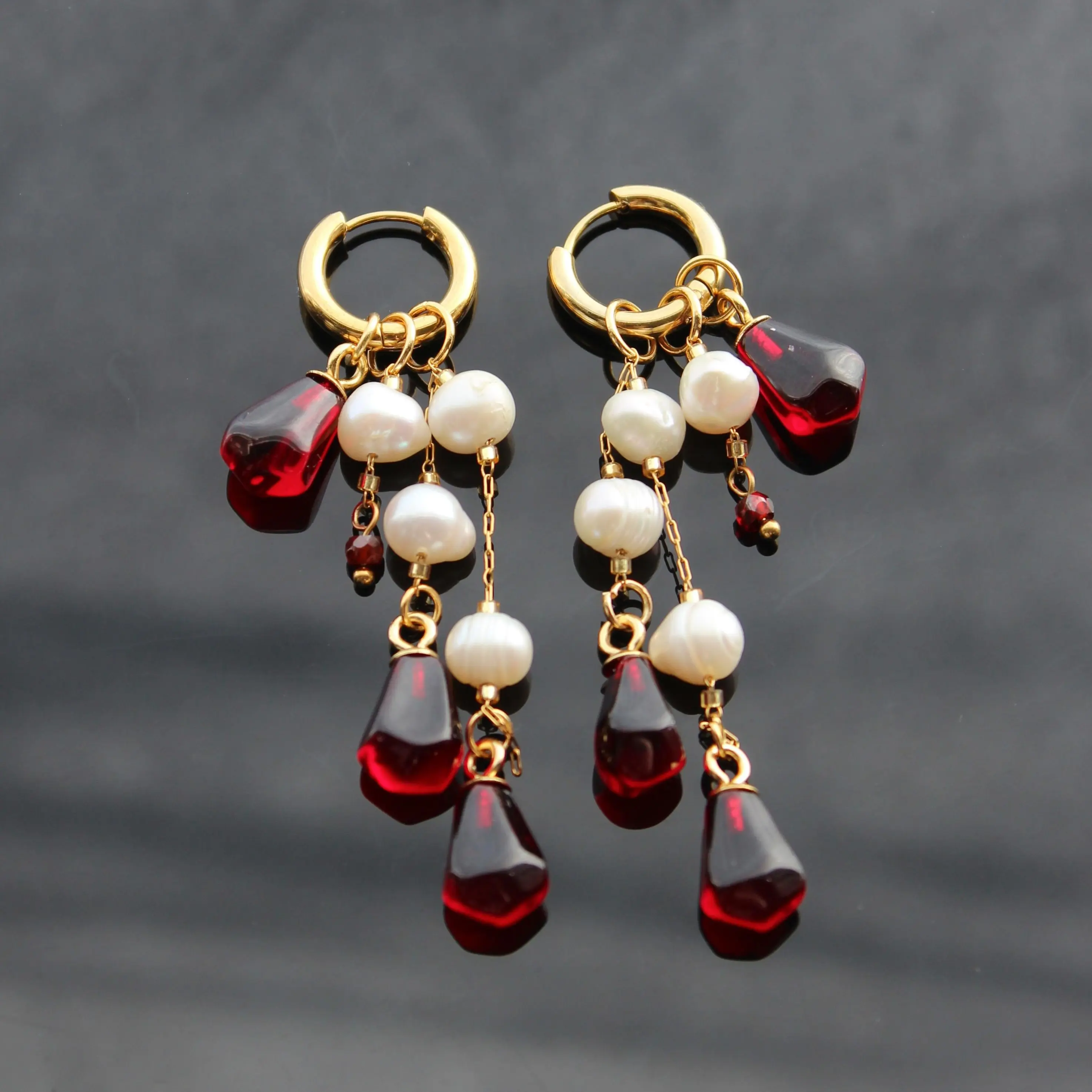 Abgaryan ART Female Pearl Embellished Drop Earrings, Baroque Pomegranate Seeds Design with Unique Combination of Natural Pearls and Glass Pomegranate Seeds, 2in Metal-Plated Gold for Engagement