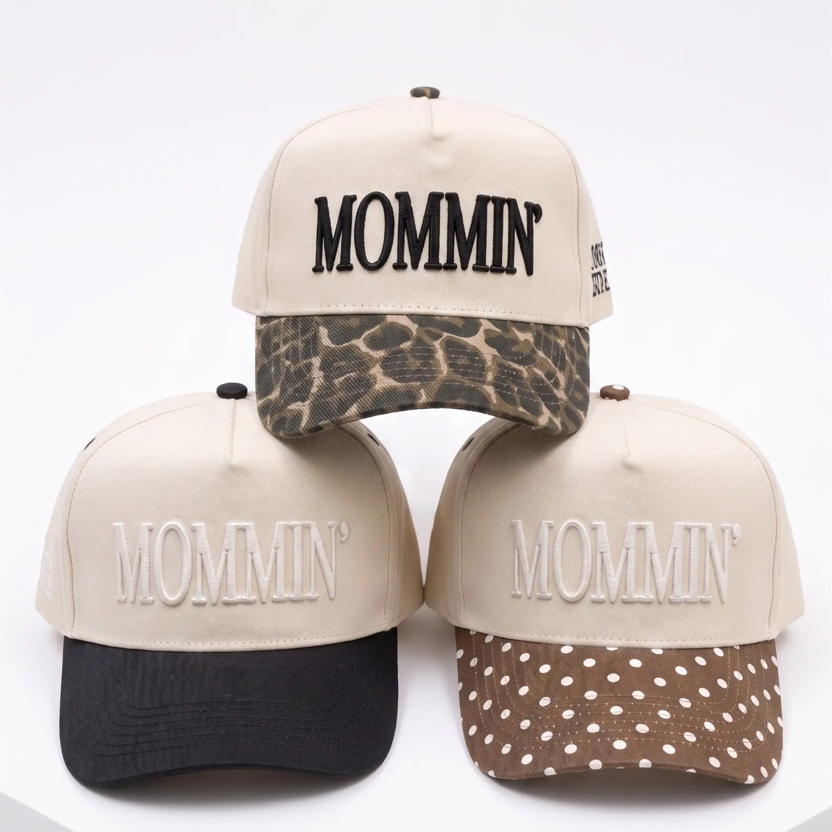 Mommin’ Vintage Trucker Hat, Unisex Cotton Snapback Baseball Cap, Tan Embroidery + “Too Busy To Care” Side Embroidery, Adjustable Closure, Year-Round Casual Hat (Black, Cheetah Preorder, Brown Polka Dot)
