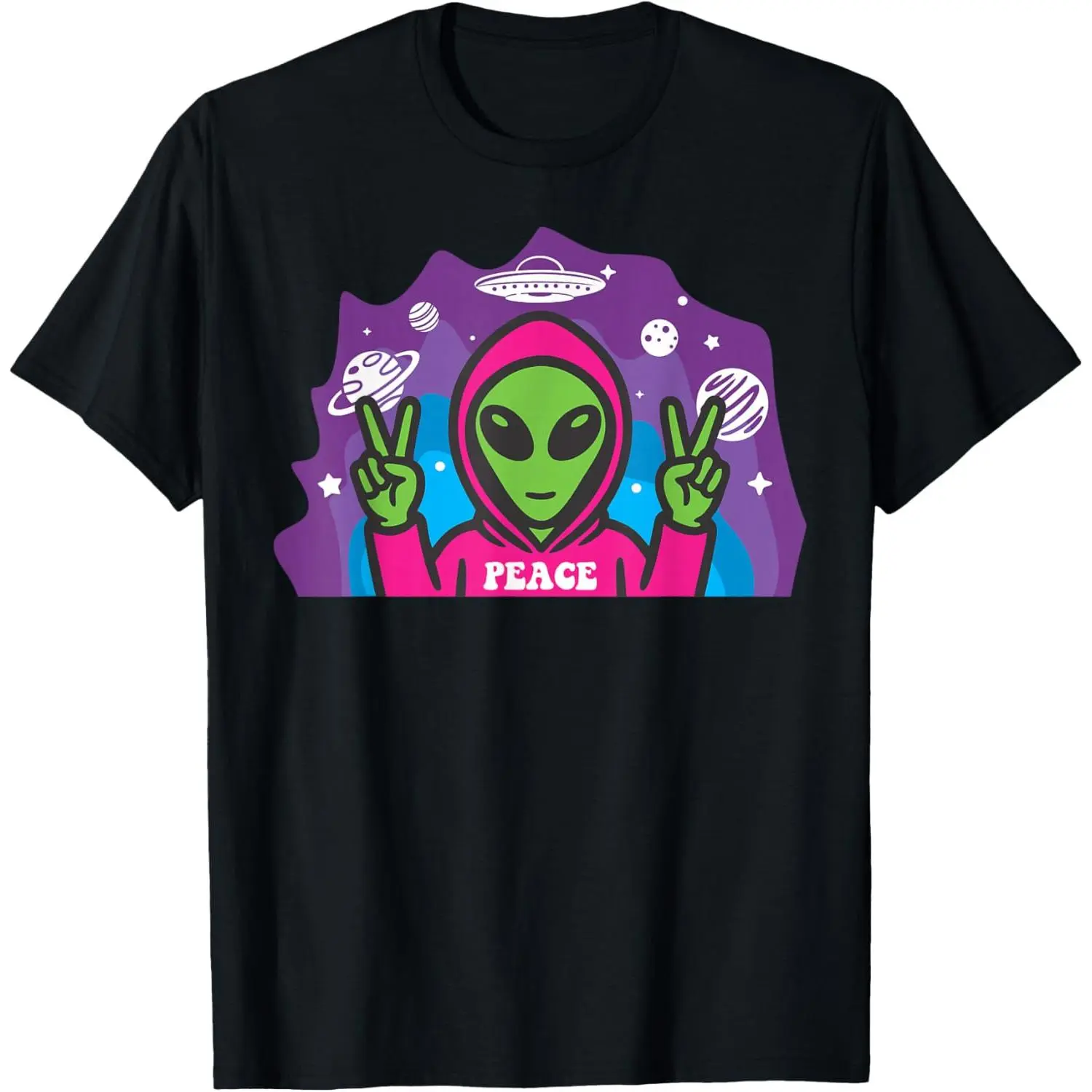 Women's 100% Cotton Casual Distressed Graphic Streetwear Top - Trippy Psychedelic Alien, Peace, UFO, Space, Mysterious Creature T-Shirt