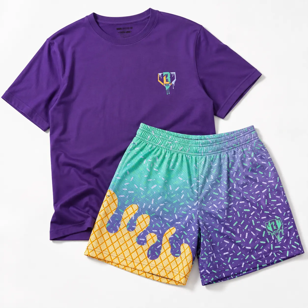 Purple Baseball Lifestyle 101, Baseball Fastball Scoops Tee & Shorts Set – Ice Cream Baseball Graphic Matching Outfit, Youth & Adult Sizes