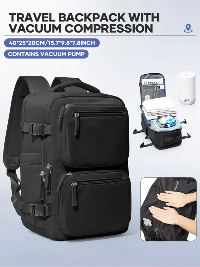 Vacuum Travel Backpack, Ryanair Carry-On Bag 40x25x20, Laptop Work Business Backpack, Casual Daily Commute, Outdoor Hiking Camping Shoulder Bag