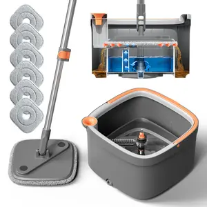 Spin Mop and Bucket Set Zero Dirty Water Cleaning System for Living Bath and Kitchen Room Hard Floor Cabinets Wall Windows Steel Adjustable Rod with Microfiber Mop Head
