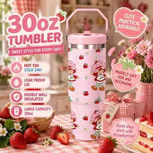 1 Pc 30oz Strawberry Girl Cartoon Cute Pink Sweet Style Pattern Kawaii Aesthetic Design Thermal Mug, Double Wall Insulated Mug, Leak Proof Lid, Keeps Hot 12 Hours Cold 24 Hours, Gift for Women Girls, Perfect for Valentine’s Day Birthday Christmas Holiday