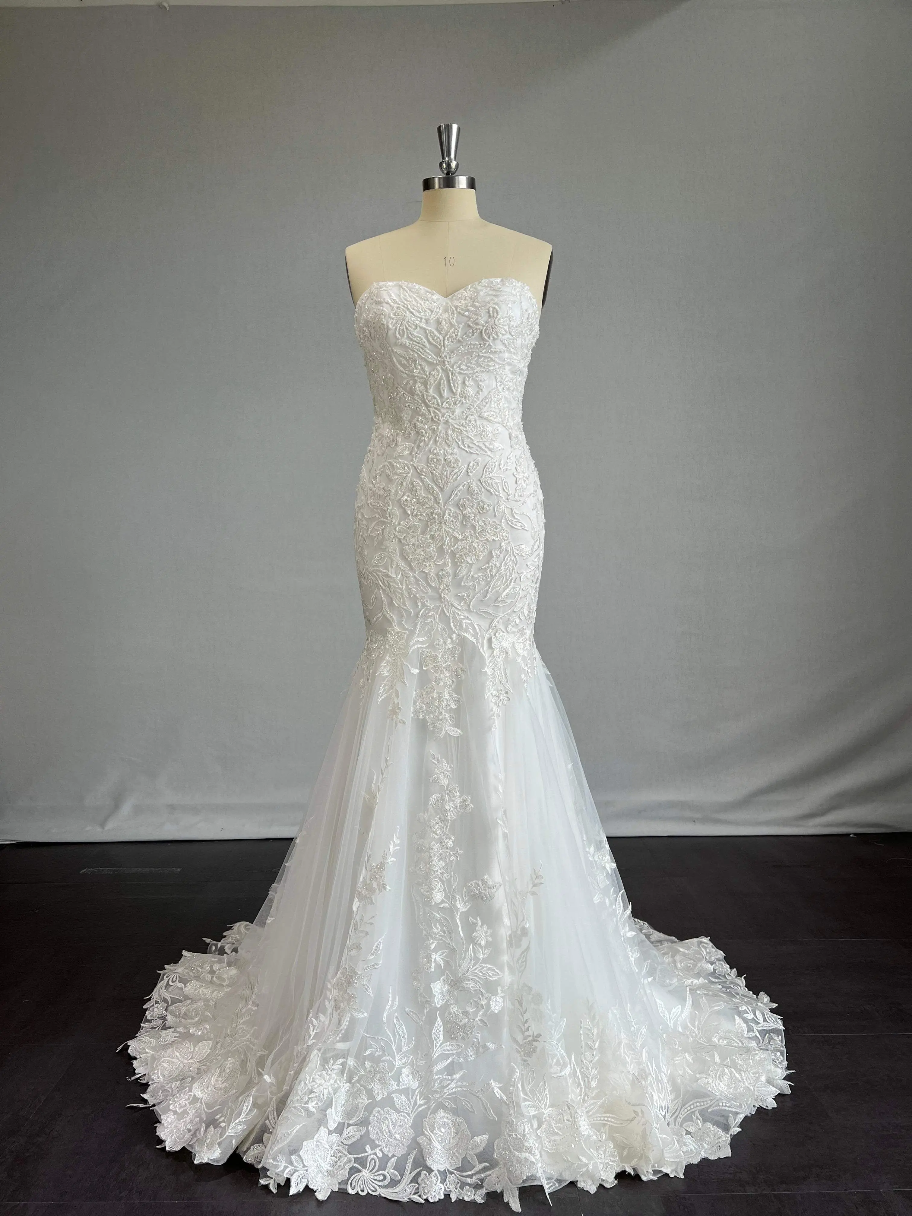 Women's Florence Trumpet Wedding Dress - Strapless Satin Gown with Sequin Beaded Lace, Tulle Overlay and Chapel Train, Sleeveless, Strapless Satin Dress, Weddingdresses, Made-To-Order, Sequin Lace, Satin And Tulle