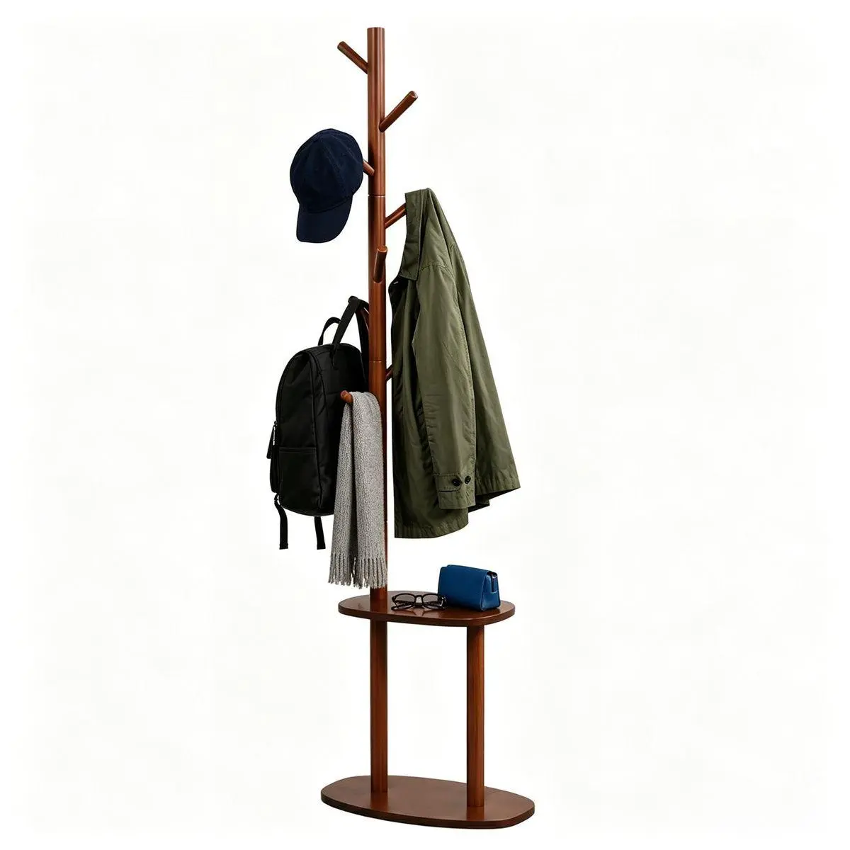 Sturdy Rubber Wood Freestanding Coat Rack - 8 Staggered Hooks, 2 Storage Shelves, 11 lbs per Hook Capacity, 20"x12"x70", Clean Look, Space-Saving Modern Entryway Hall Tree Organizer, No, Decorative